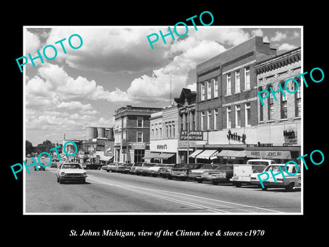 OLD LARGE HISTORIC PHOTO ST JOHNS MICHIGAN, VIEW OF CLINTON AVE & STORES c1970