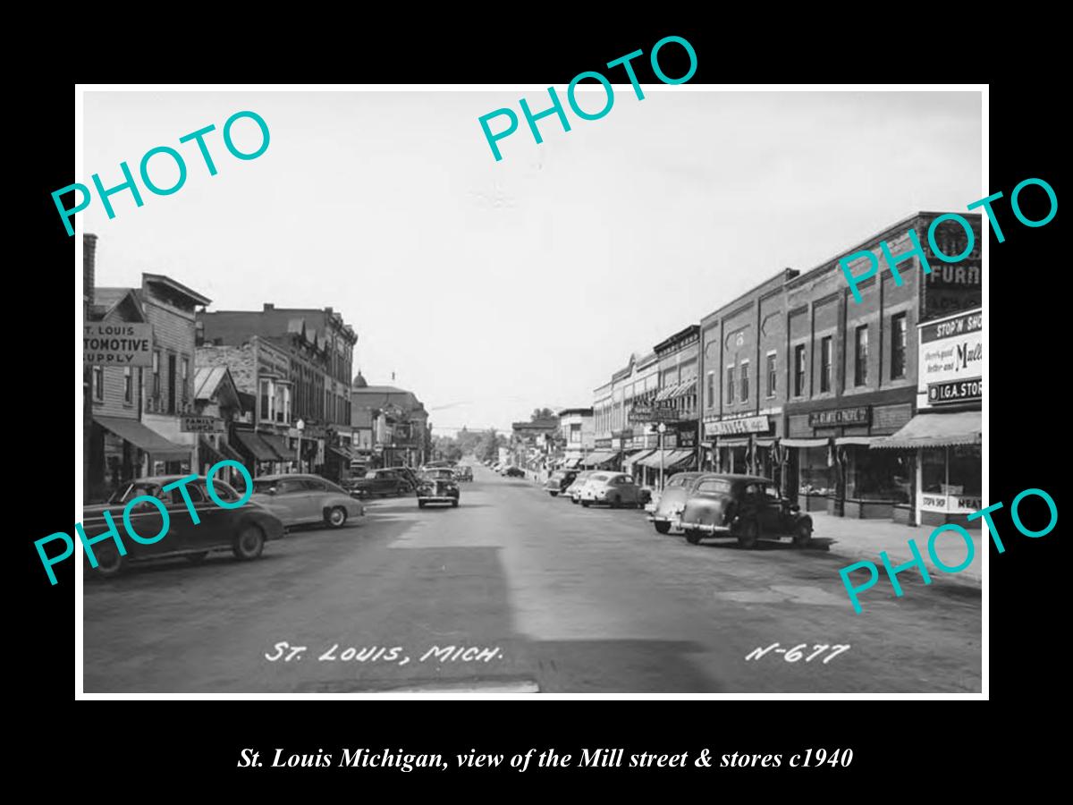 OLD LARGE HISTORIC PHOTO ST LOUIS MICHIGAN, VIEW OF MILL STREET & STORES c1940