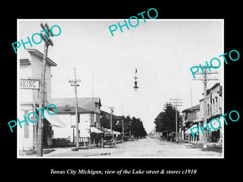 OLD LARGE HISTORIC PHOTO TAWAS CITY MICHIGAN, VIEW OF LAKE STREET & STORES c1910