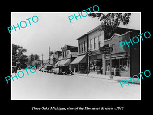 OLD LARGE HISTORIC PHOTO THREE OAKS MICHIGAN, VIEW OF ELM STREET & STORES c1940