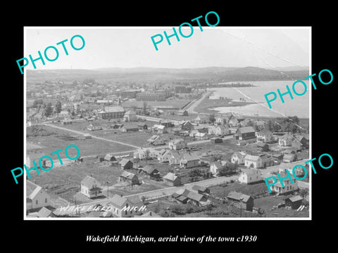 OLD LARGE HISTORIC PHOTO WAKEFIELD MICHIGAN, AERIAL VIEW OF THE TOWN c1930