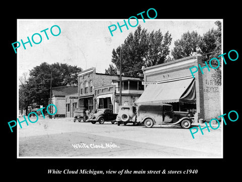 OLD LARGE HISTORIC PHOTO WHITE CLOUD MICHIGAN, THE MAIN STREET & STORES 1940