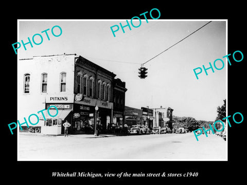 OLD LARGE HISTORIC PHOTO WHITEHALL MICHIGAN, THE MAIN STREET & STORES 1940