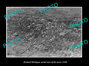 OLD LARGE HISTORIC PHOTO ZEELAND MICHIGAN, AERIAL VIEW OF THE TOWN c1950