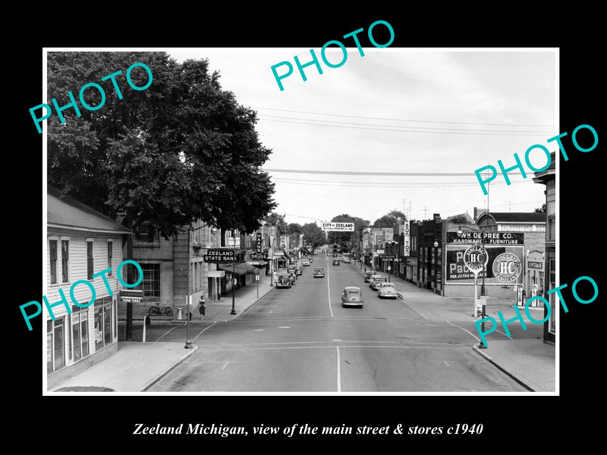 OLD LARGE HISTORIC PHOTO ZEELAND MICHIGAN, THE MAIN STREET & STORES 1940