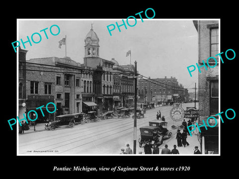 OLD LARGE HISTORIC PHOTO PONTIAC MICHIGAN, VIEW OF SAGINAW ST & STORES c1920