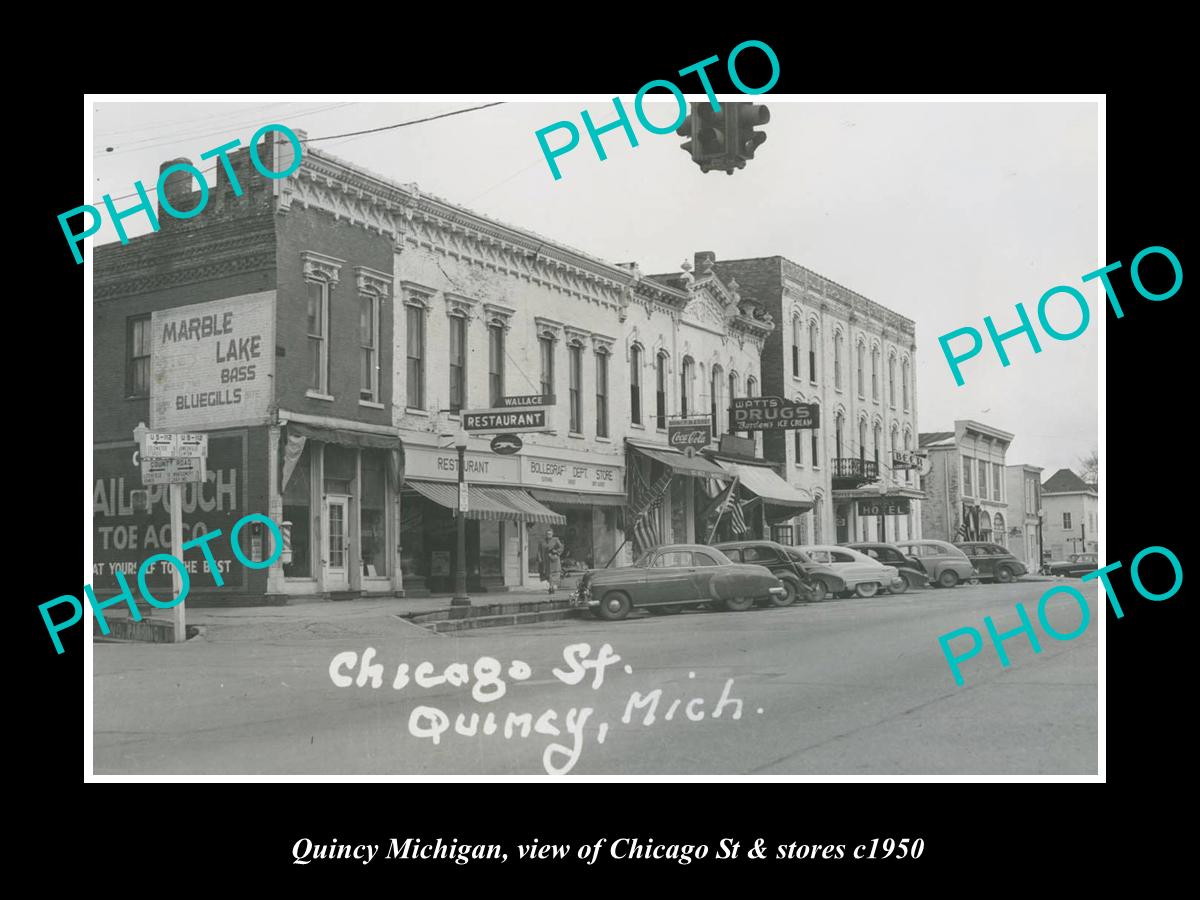 OLD LARGE HISTORIC PHOTO QUINCY MICHIGAN, VIEW OF CHICAGO ST & STORES c1950