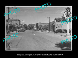 OLD LARGE HISTORIC PHOTO ROCKFORD MICHIGAN, VIEW OF THE MAIN ST & STORES c1950