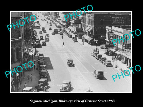 OLD LARGE HISTORIC PHOTO SAGINAW MICHIGAN, VIEW OF GENESEE ST & STORES c1940