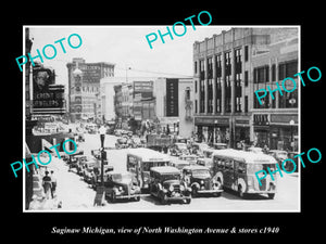 OLD LARGE HISTORIC PHOTO SAGNIAW MICHIGAN, VIEW OF WASHINGTON AVE & STORES c1940