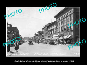 OLD LARGE HISTORIC PHOTO SAULT SAINT MARIE MICHIGAN, ASHMUN ST & STORES c1940