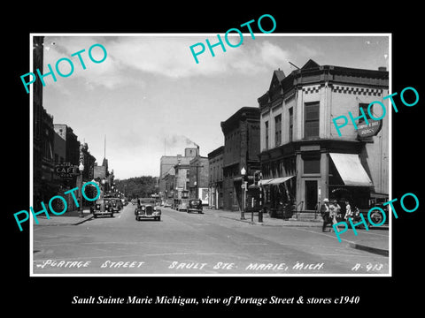 OLD LARGE HISTORIC PHOTO SAULT SAINT MARIE MICHIGAN, PORTAGE ST & STORES c1940