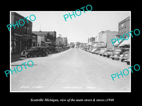 OLD LARGE HISTORIC PHOTO SCOTTVILLE MICHIGAN, VIEW OF THE MAIN ST & STORES c1940