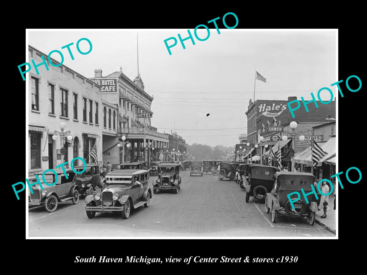 OLD LARGE HISTORIC PHOTO SOUTH HAVEN MICHIGAN, VIEW OF CENTER ST & STORES 1930 1