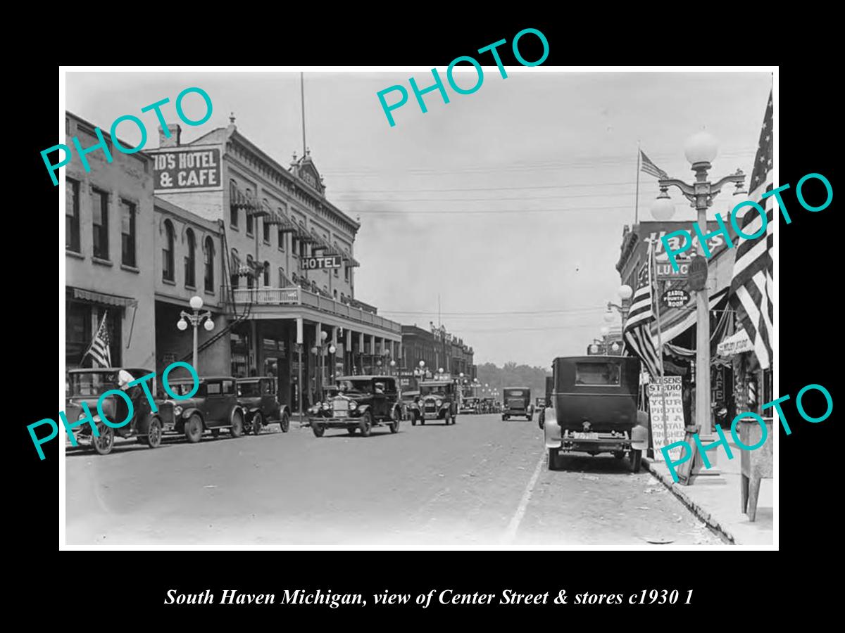 OLD LARGE HISTORIC PHOTO SOUTH HAVEN MICHIGAN, VIEW OF CENTER ST & STORES 1930 2