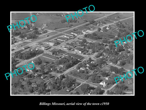 OLD LARGE HISTORIC PHOTO BILLINGS MISSOURI, AERIAL VIEW OF TOWN c1950