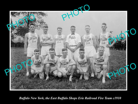 OLD LARGE HISTORIC PHOTO ERIE RAILROAD, BUFFALO NEW YORK SHOPS FIRE TEAM c1910