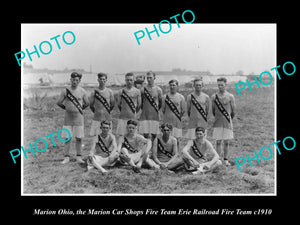 OLD LARGE HISTORIC PHOTO ERIE RAILROAD, MARION OHIO SHOPS FIRE TEAM c1910