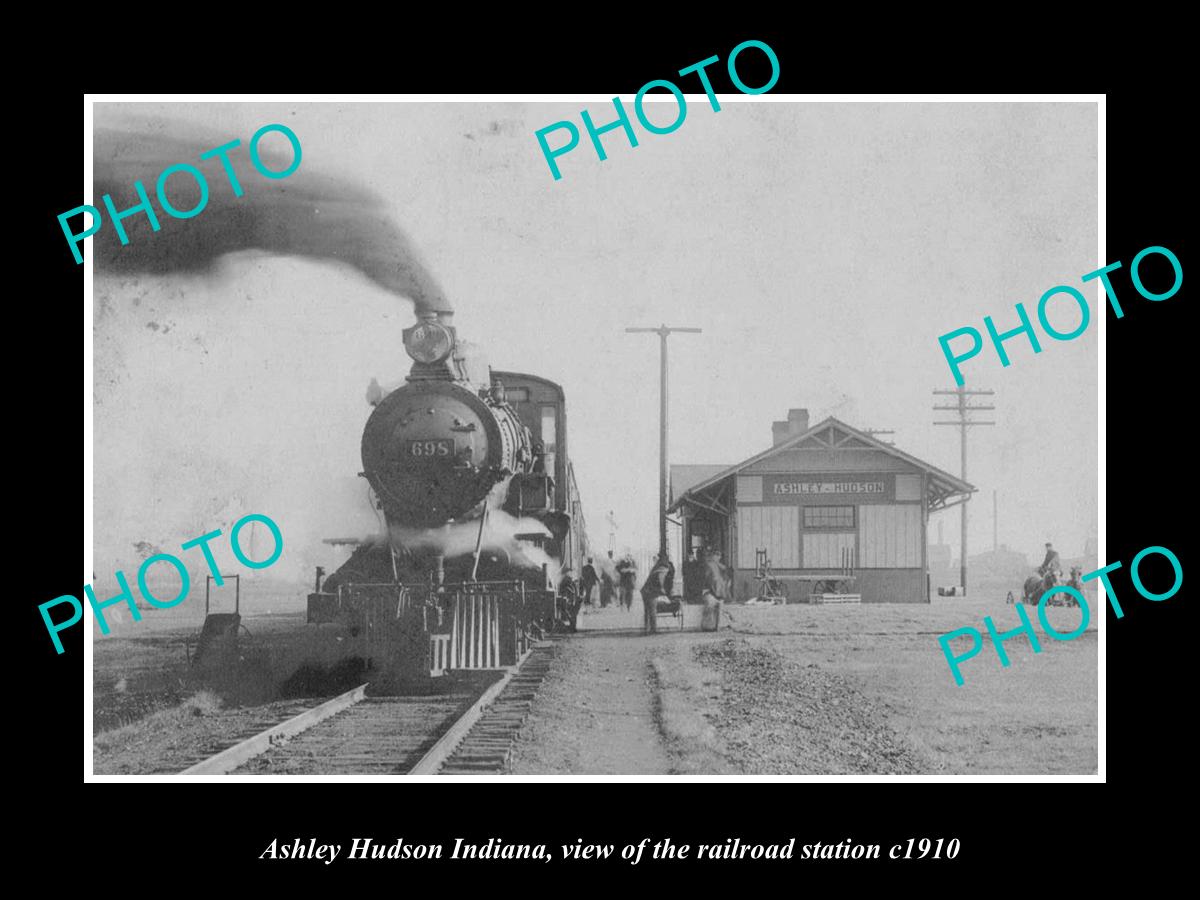 OLD LARGE HISTORIC PHOTO ASHLEY HUDSON INDIANA, THE RAILWAY STATION c1910