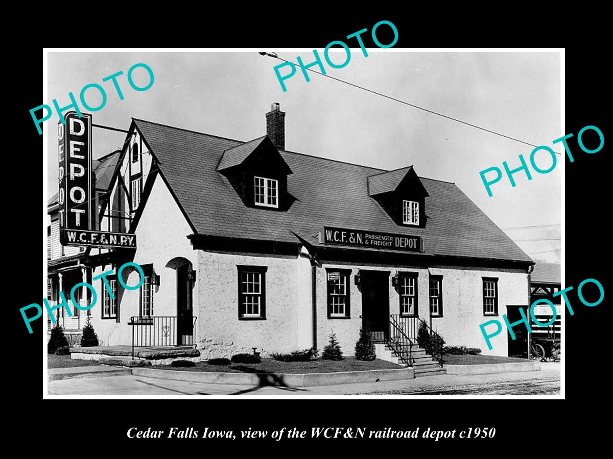 OLD LARGE HISTORIC PHOTO CEDAR FALLS IOWA, THE WCF&N RAILROAD DEPOT c1950