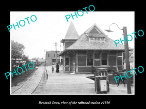 OLD LARGE HISTORIC PHOTO DECORAH IOWA, VIEW OF THE RAILWAY STATION c1910