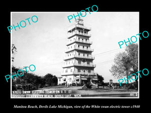 OLD HISTORIC PHOTO MANITOU BEACH DEVILS LAKE MICHIGAN, WHITE SWAN TOWER c1940