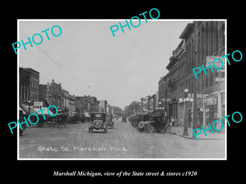 OLD LARGE HISTORIC PHOTO MARSHALL MICHIGAN, THE MAIN STREET & STORES c1920