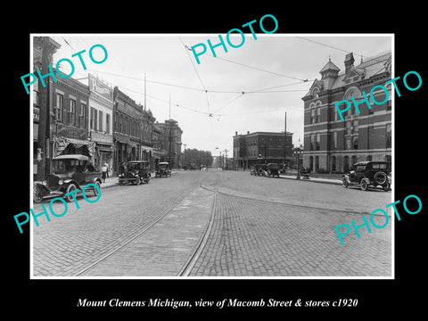 OLD LARGE HISTORIC PHOTO MOUNT CLEMENS MICHIGAN, MACOMB STREET & STORES c1920