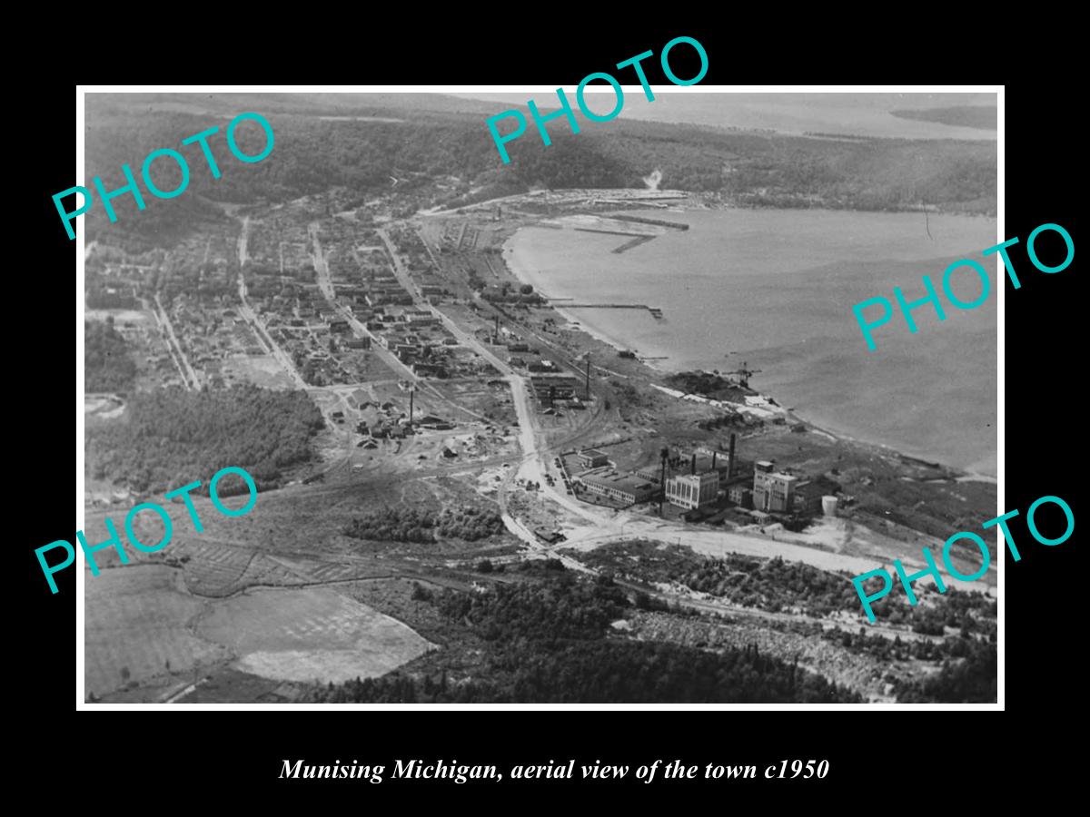 OLD LARGE HISTORIC PHOTO MUNISING MICHIGAN, AERIAL VIEW OF THE TOWN c1950