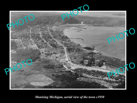 OLD LARGE HISTORIC PHOTO MUNISING MICHIGAN, AERIAL VIEW OF THE TOWN c1950