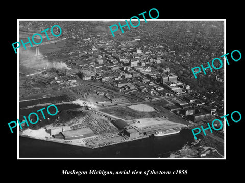 OLD LARGE HISTORIC PHOTO MUSKEGON MICHIGAN, AERIAL VIEW OF THE TOWN c1950