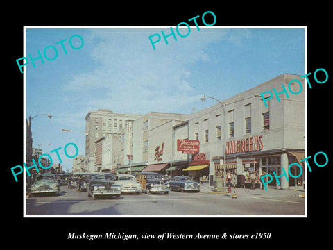 OLD LARGE HISTORIC PHOTO MUSKEGON MICHIGAN, VIEW OF WESTERN AVE & STORES c1950