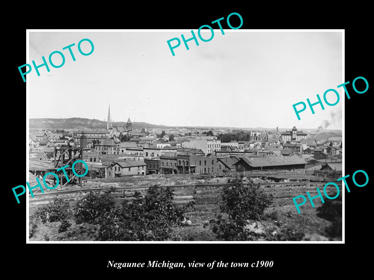 OLD LARGE HISTORIC PHOTO NEGAUNEE MICHIGAN, VIEW OF THE TOWN c1900