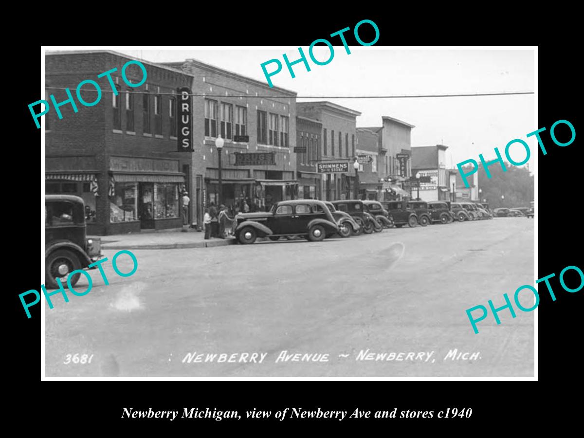 OLD LARGE HISTORIC PHOTO NEWBERRY MICHIGAN, VIEW OF NEWBERRY AVE & STORES 1940 1