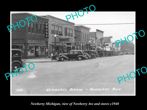 OLD LARGE HISTORIC PHOTO NEWBERRY MICHIGAN, VIEW OF NEWBERRY AVE & STORES 1940 1