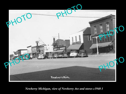 OLD LARGE HISTORIC PHOTO NEWBERRY MICHIGAN, VIEW OF NEWBERRY AVE & STORES 1940 2