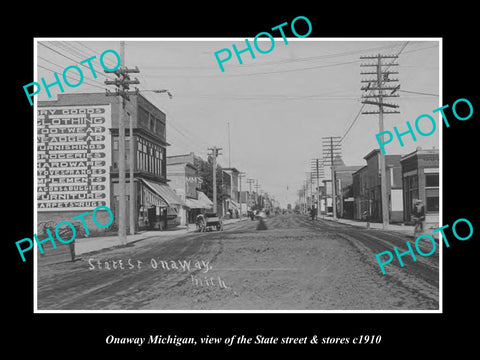 OLD LARGE HISTORIC PHOTO ONAWAY MICHIGAN, VIEW OF STATE ST & STORES c1910