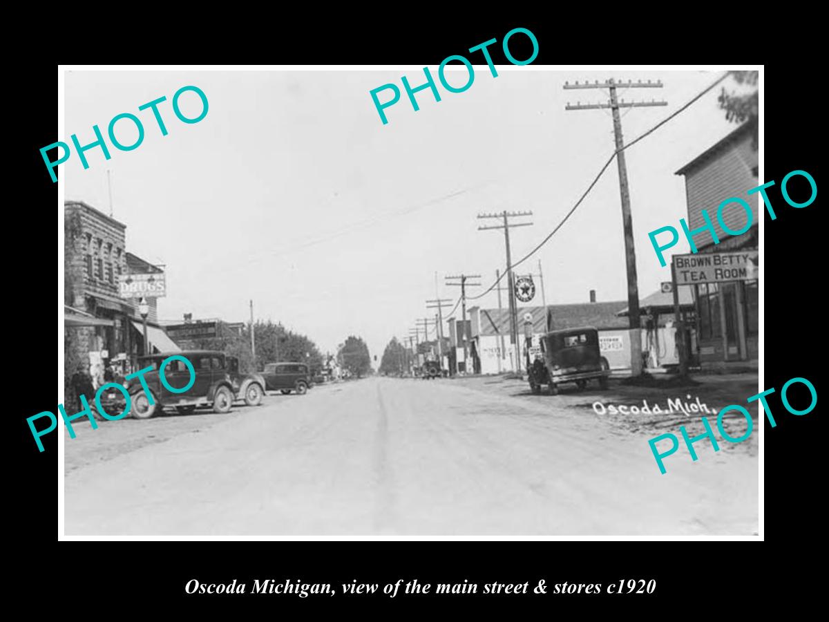 OLD LARGE HISTORIC PHOTO OSCODA MICHIGAN, THE MAIN STREET & STORES c1920