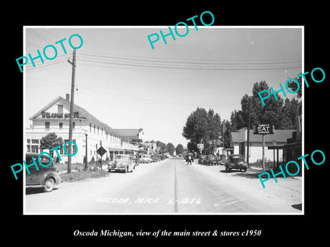 OLD LARGE HISTORIC PHOTO OSCODA MICHIGAN, THE MAIN STREET & STORES c1950