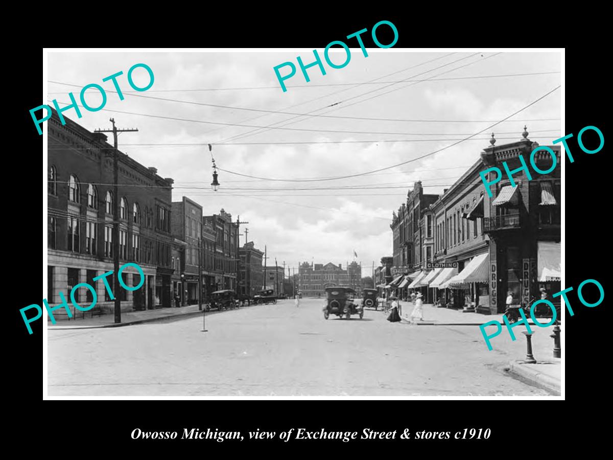 OLD LARGE HISTORIC PHOTO OWOSSO MICHIGAN, VIEW OF EXCHANGE ST & STORES c1910