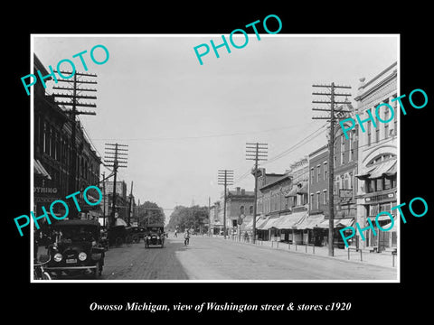 OLD LARGE HISTORIC PHOTO OWOSSO MICHIGAN, VIEW OF WASHINGTON ST & STORES c1920 1