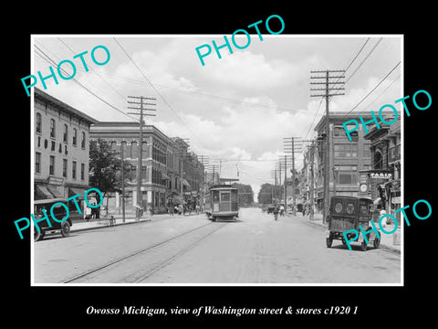 OLD LARGE HISTORIC PHOTO OWOSSO MICHIGAN, VIEW OF WASHINGTON ST & STORES c1920 2