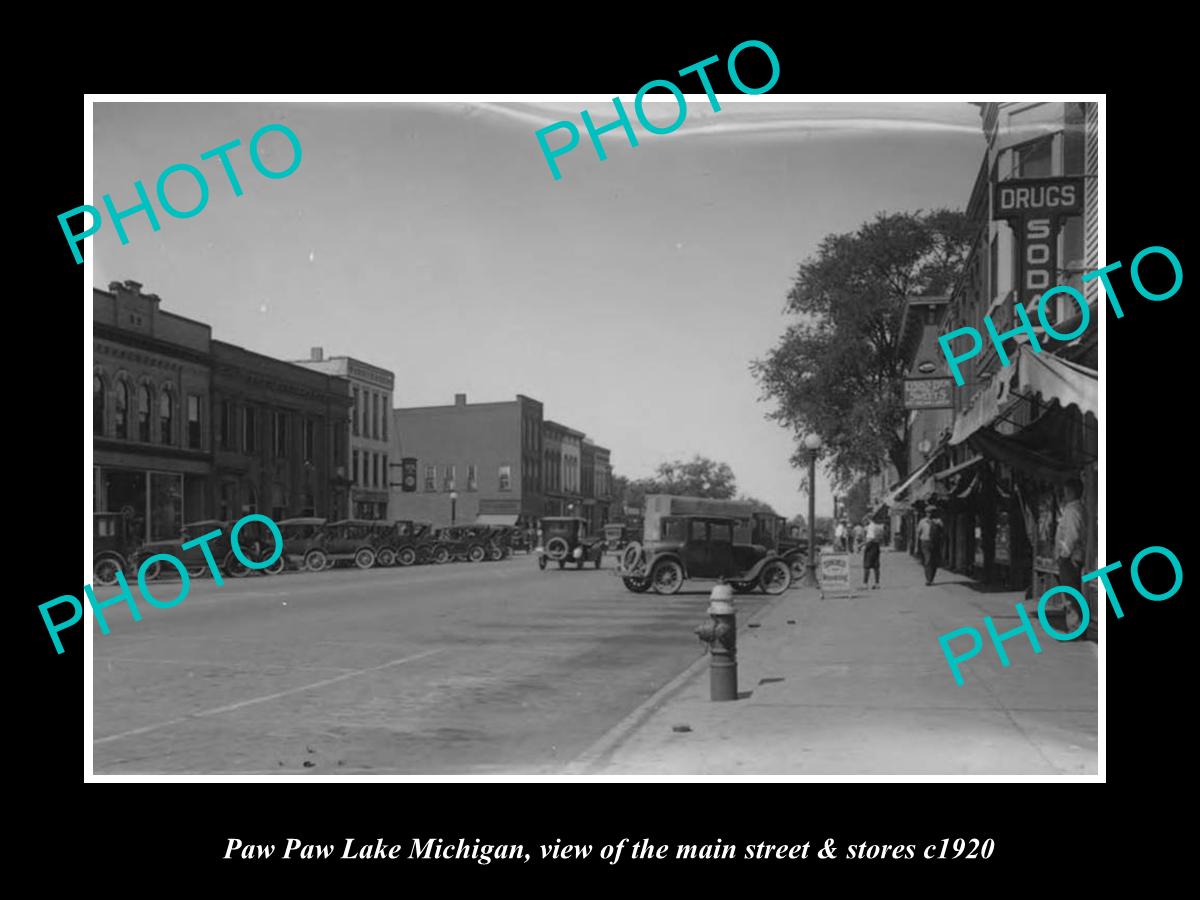 OLD LARGE HISTORIC PHOTO PAW PAW LAKE MICHIGAN, THE MAIN ST & STORES c1920