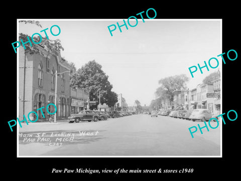 OLD LARGE HISTORIC PHOTO PAW PAW MICHIGAN, THE MAIN ST & STORES c1940