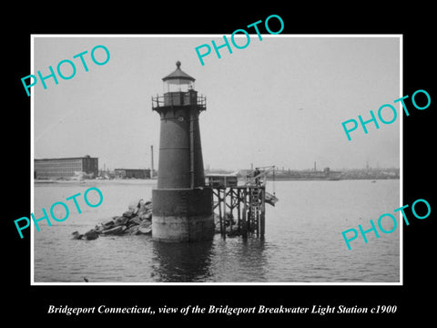 OLD LARGE HISTORIC PHOTO BRIDGEPORT CONNECTICUT, BREAKWATER LIGHT STATION c1900