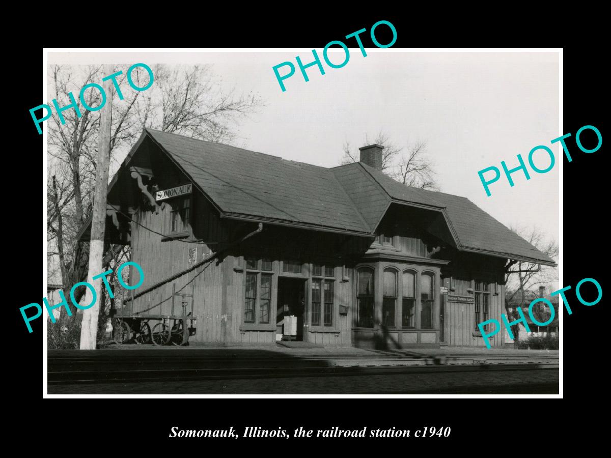 OLD LARGE HISTORIC PHOTO SOMONAUK ILLINOIS, THE RAILROAD STATION c1940