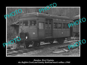 OLD LARGE HISTORIC PHOTO DUNDON WEST VIRGINIA, BUFFALO CREEK MACK RAILBUS 1960