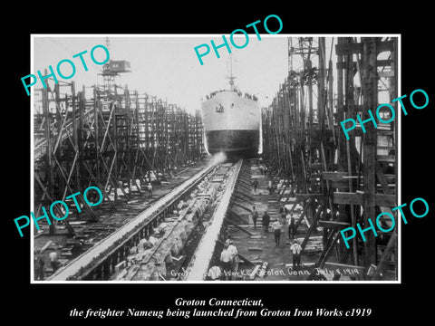 OLD LARGE HISTORIC PHOTO GROTON CONNECTICUT, LAUNCHING THE SHIP NAMEUG c1919