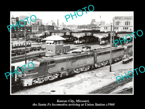 OLD LARGE HISTORIC PHOTO KANSAS CITY MISSOURI, SANTA FE TRAIN UNION STATION 1960