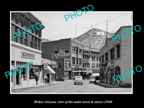 OLD LARGE HISTORIC PHOTO BISBEE ARIZONA, VIEW OF MAIN STREET & STORES c1940